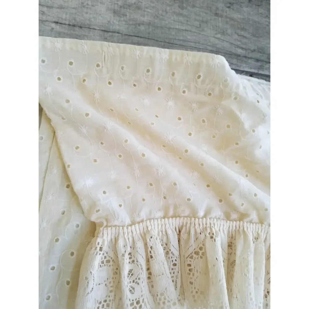 Cottage Core Fabric Shower Curtain Off White Cotton Blend Embroidered Eyelet